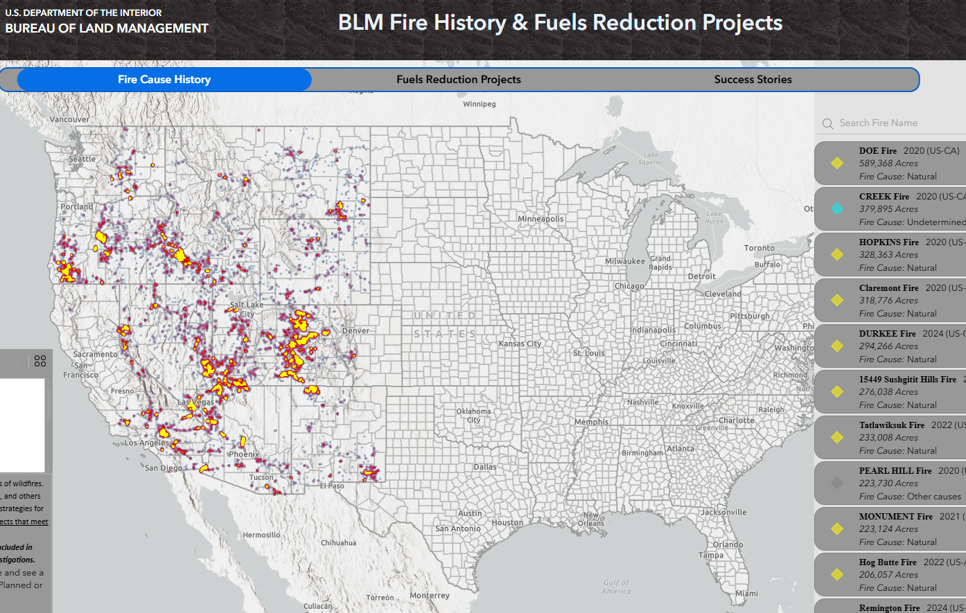 still frame of the blm fire history and fuels reduction projects map