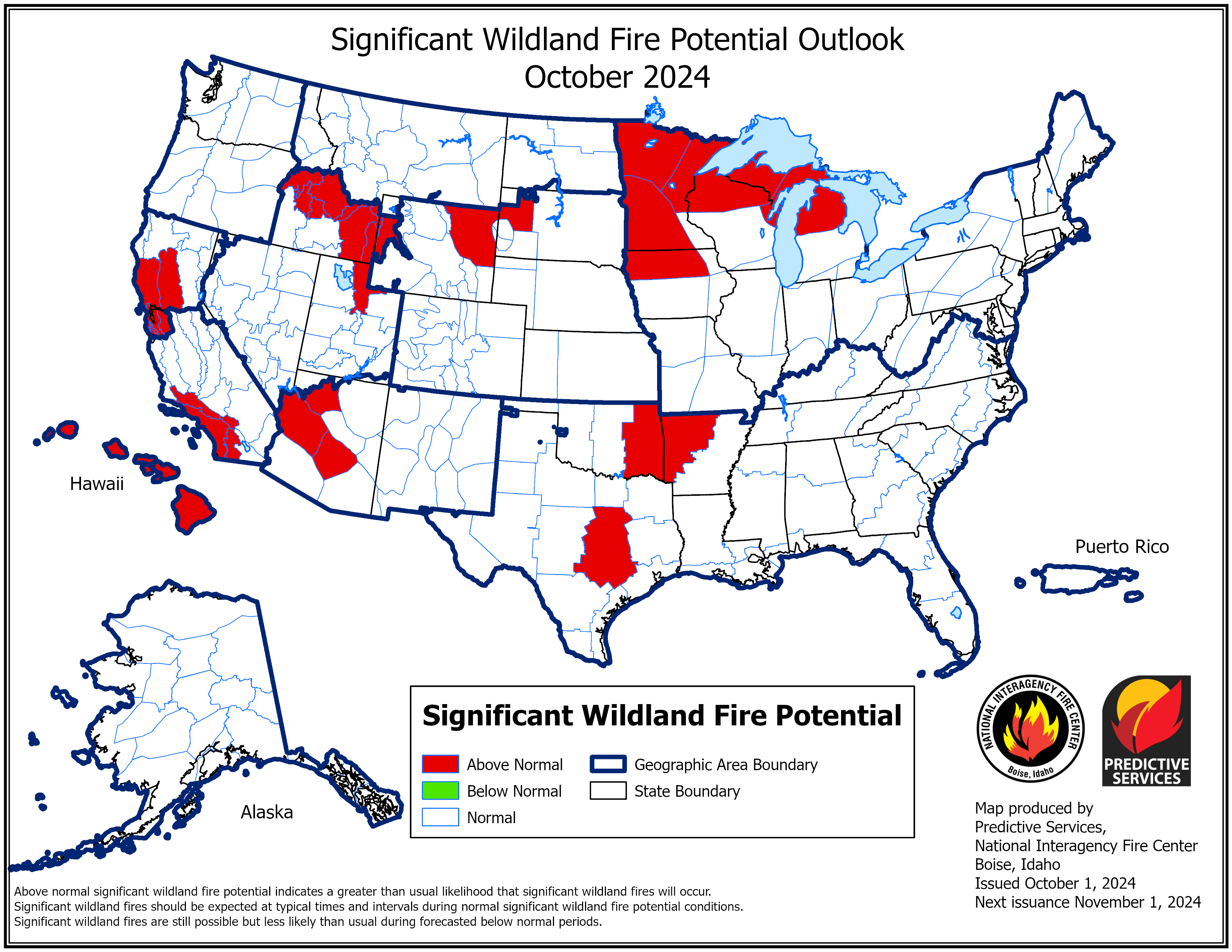 National significant fire potential outlook map for October.