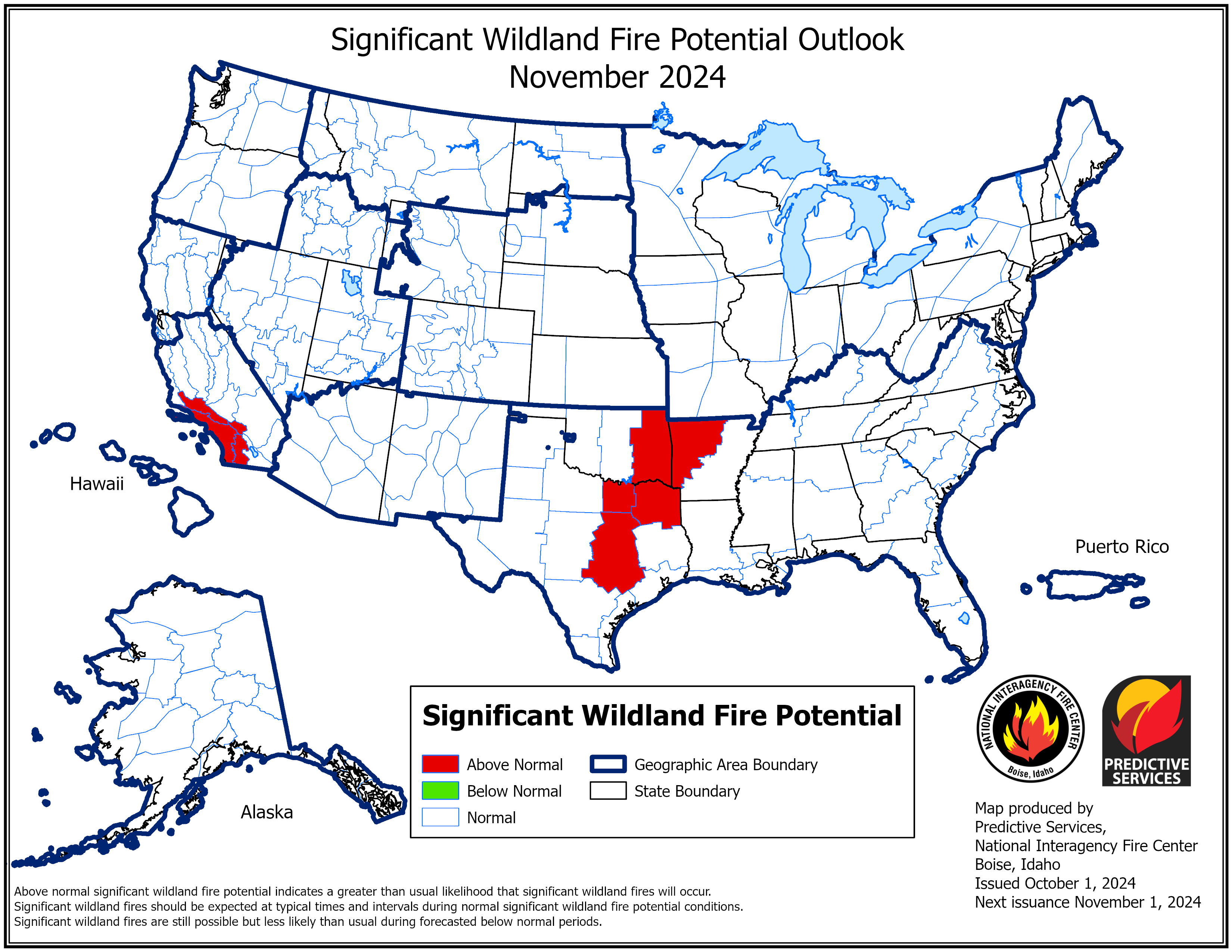 National significant fire potential outlook map for November.