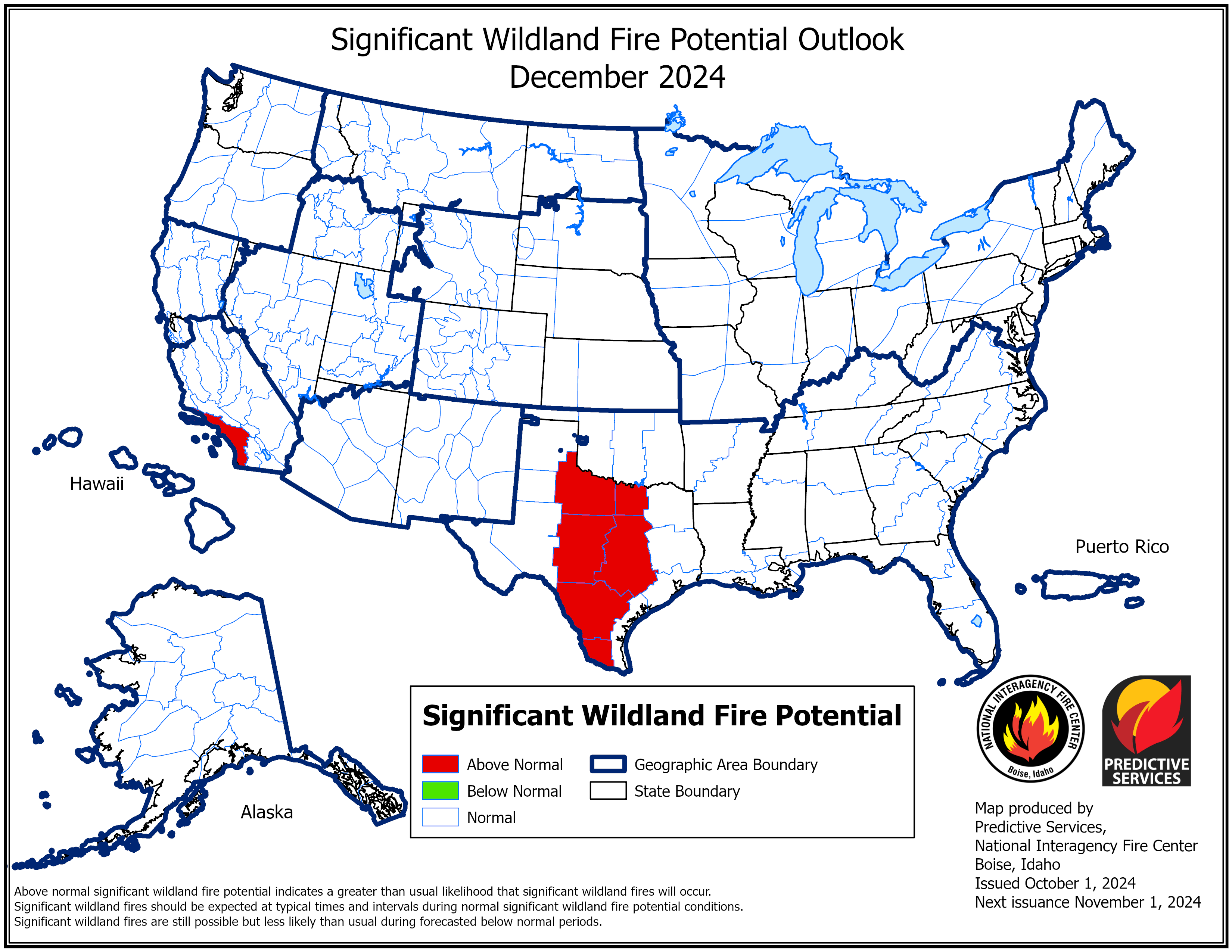 National significant fire potential outlook map for December.