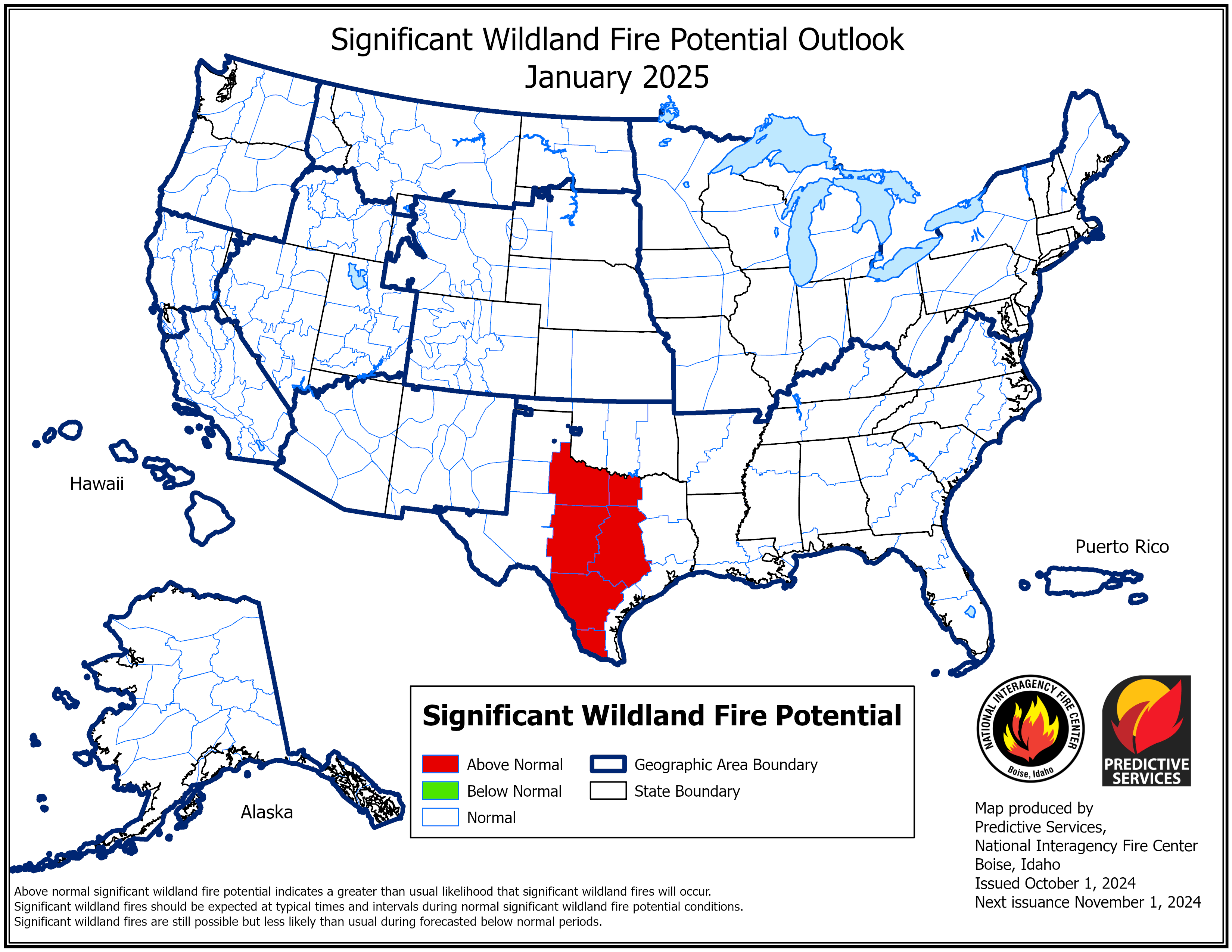 National significant fire potential outlook map for January 2025.